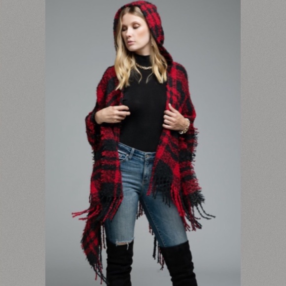 Oh So Soft Plaid Cardigan Poncho Ruana Hoodie With Fringe - Picture 11 of 12